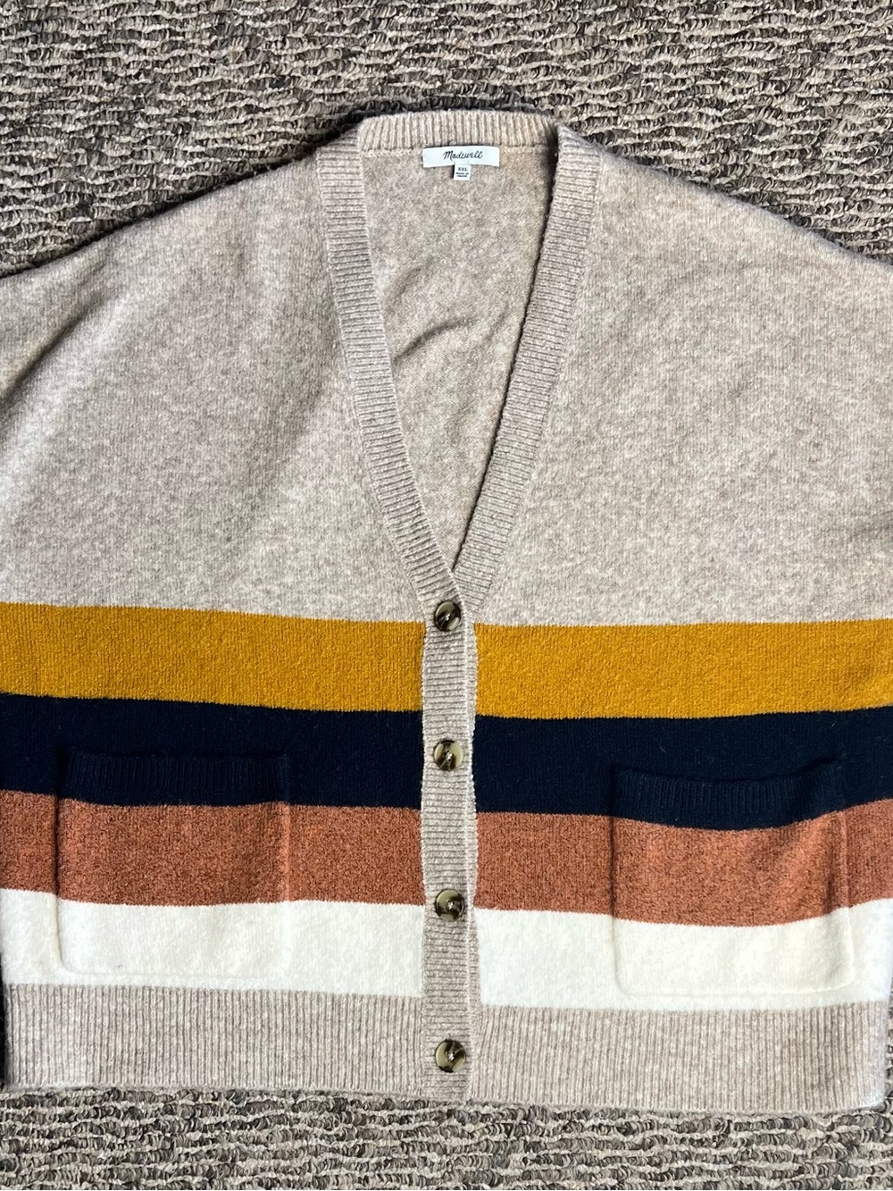 Madewell Beige Cardigan with Mustard, Navy & Rust Stripes